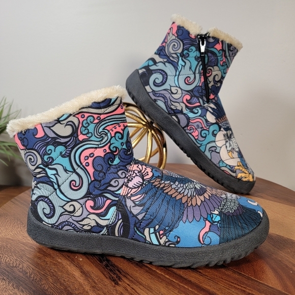 Raad Shop Colorful Japanese Eagle Tattoo Winter Zip Boots Size 7 - Picture 14 of 15